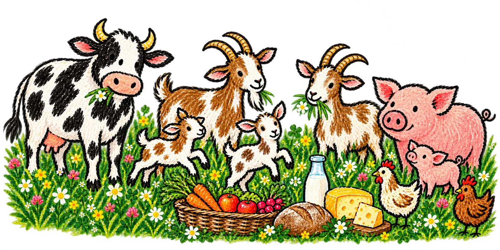 Liebevolle Buntstiftzeichnung: eine Kuh, Ziegen mit Gitzi, Schweine und Hühner, dazu Gemüse, Brot, Käse und Milch.