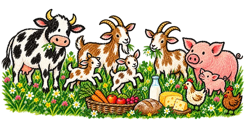 Die gezeichneten Hoftiere aus unserem Flyer: Kuh, Ziegen, Schweine und Hühner.